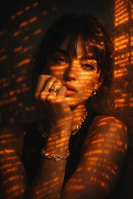 A cinematic low-key portrait of a woman with dark hair leaning against a textured wall, looking directly at the camera with a calm, intense expression. Warm orange light in the form of repeating glowing text patterns is projected across her face and body, creating a futuristic light-mapping effect a