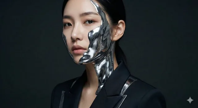 A hyper-detailed futuristic portrait of a young Korean woman in her 20s, with parts of her skin transforming into reflective liquid chrome metal. The glossy silver texture flows across her cheek and neck against a dark neutral background, illuminated by high-contrast lighting.