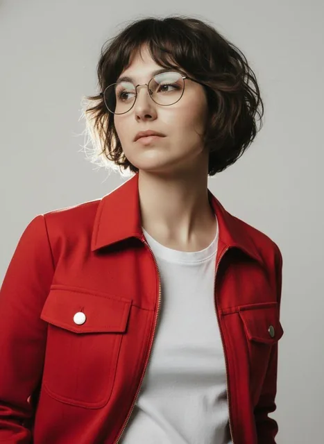A stylish young woman with short wavy hair and round eyeglasses wearing a bold red jacket over a white t-shirt, looking confidently away from the camera in a minimalist studio with a light gray backdrop, rendered with ultra-realistic detail and soft diffused lighting.
