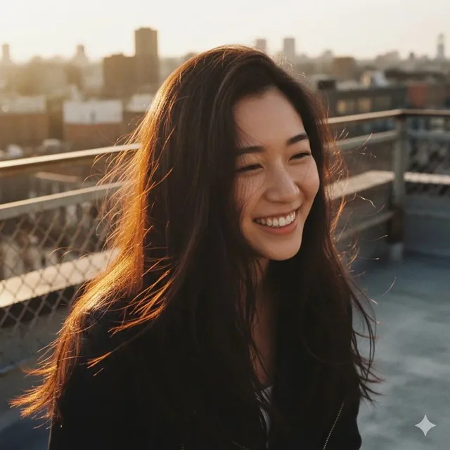 A cinematic portrait of a smiling young woman on a city rooftop during golden hour, with warm sunset light illuminating her face and creating a soft rim light on her long dark hair, against a blurred urban skyline.