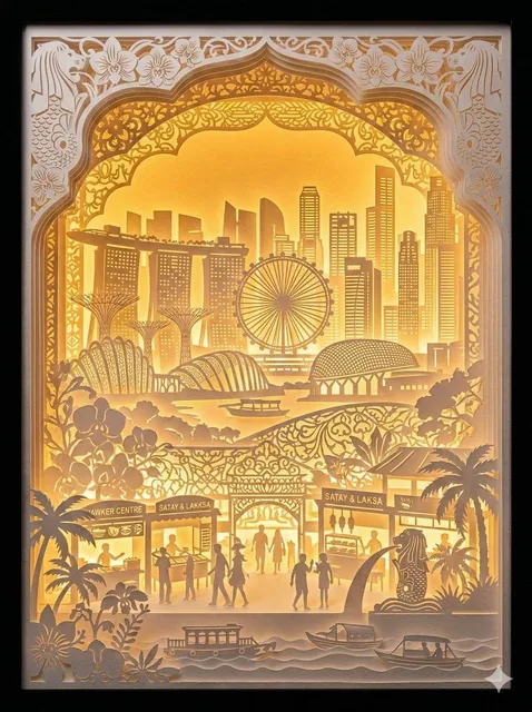 A hyper-detailed 3D layered paper cutting art diorama of a city with iconic landmarks in the background, made of pure white paper with intricate cultural filigree patterns. The scene is illuminated from within by a warm amber light, making the paper translucent and glowing, creating a golden hour at