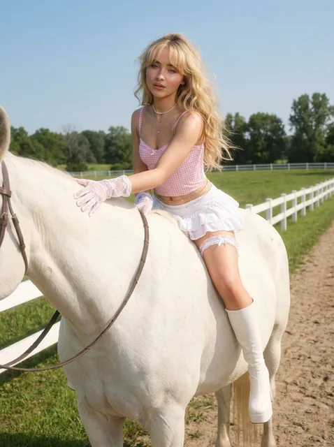 A young woman with a strong resemblance to Sabrina Carpenter, wearing a pink gingham top and a white ruffled mini skirt, sits side-saddle on a white horse on a dirt equestrian path. The scene features a green pasture, a white fence, and a clear sky under bright, soft natural daylight.