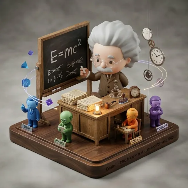 A limited edition designer toy diorama featuring a stylized chibi figure of a historical thinker on a dark walnut wood plinth, with floating conceptual objects and monochromatic peer figures around the base, rendered in 3D with soft commercial lighting.
