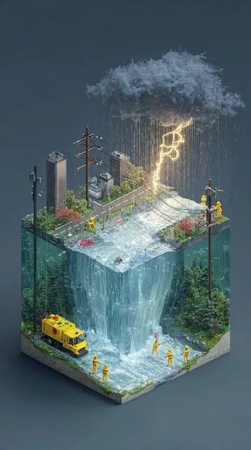 A hyper-realistic isometric view of a 3D cube containing a miniature cityscape engulfed in a storm. Five Chinese power workers in yellow safety gear climb a utility pole under heavy rain, illuminated by a repair vehicle's searchlight, with skyscrapers and lightning in the background.
