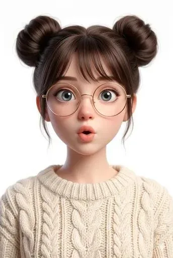 A cute, stylized 3D character portrait with big, expressive eyes and a playful smile, wearing a cozy knitted sweater, set against a soft pastel background with studio lighting.