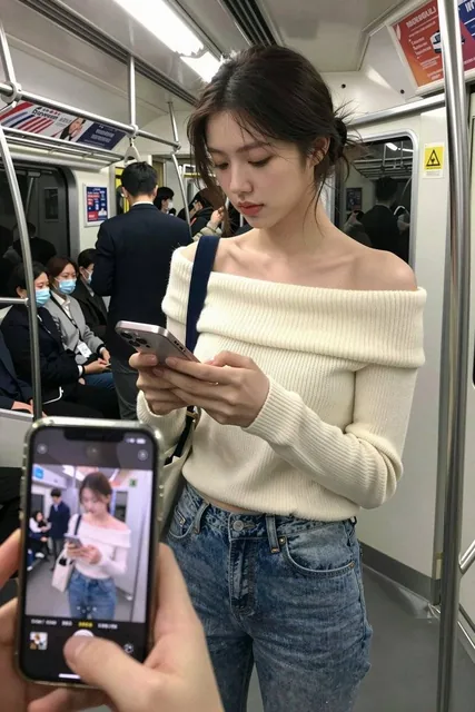 A candid photo of a young, elegant Asian woman standing on a Japanese subway train, looking down at her phone, unaware she is being photographed. In the foreground, another phone screen shows her alluring Twitter profile, creating a contrast between her offline and online personas.