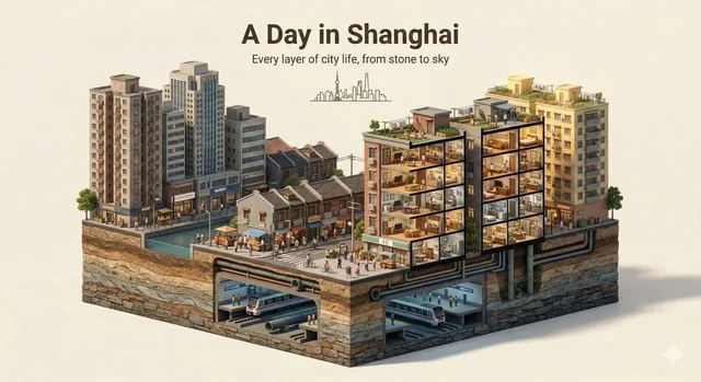 A 45-degree isometric miniature 3D diorama showing a cross-section of a city, from underground infrastructure to street-level life and interior building details, with tiny figures and natural lighting transitions.