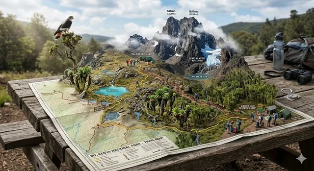 A detailed 3D diorama of a national park trail map unfolded on a picnic table, featuring miniature mountains, flowing water features, tiny hikers, wildlife, and realistic lighting effects.