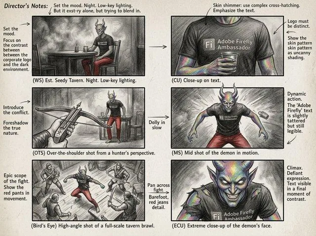 A six-panel sequential movie storyboard in pencil sketch with tonal shading, showing cinematic camera angles, shot type labels, and director's notes in the margins on a high-resolution 4K storyboard sheet.