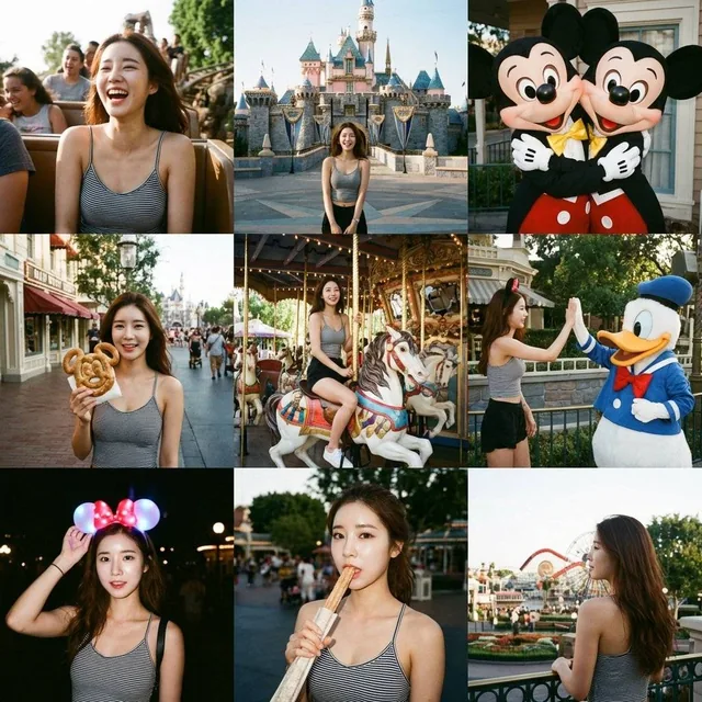 A 3x3 grid of low-quality smartphone photos featuring an attractive, athletic Asian woman enjoying various moments at Disneyland, including rides, mascots, and iconic park scenes, with a candid and playful Instagram aesthetic.