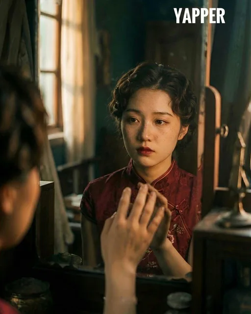 A young Asian woman in a vintage red wedding dress applies lip color while looking at her reflection in a mirror. The scene has soft window light, natural freckles, and a melancholic, nostalgic atmosphere with parts fading into shadow.