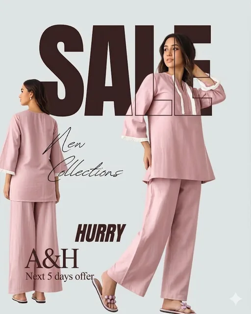 A promotional fashion graphic on a light grey background featuring a female model in two poses wearing a dusty rose pink cotton coordinates set. Large dark brown block letters spell 'SALE' in the center, with elegant script text for 'New Collections' and distressed serif text for 'HURRY', 'A&H', and