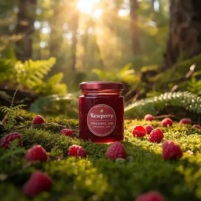 A high-end commercial photograph of an open glass jar of organic raspberry jam labeled 'Reseperry Organic Jam' resting on a lush moss-covered forest floor. Fresh ripe raspberries are scattered around the jar, which shows rich, textured jam with visible seeds and glossy reflections. The scene is set