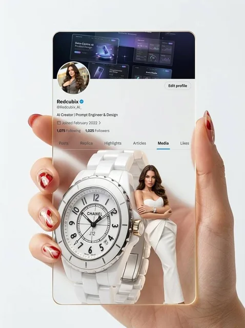 A photorealistic woman's hand with detailed nail art holds a transparent acrylic card with a frosted glass effect against a clean white background. The card displays a profile layout identical to the reference screenshot, with a clear header image and a thin golden rim light edge.