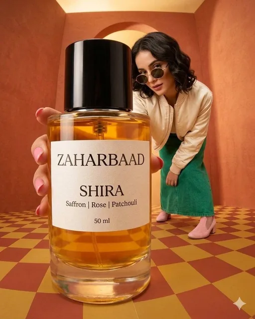 A surreal product shot featuring a large amber glass perfume bottle labeled 'ZAHARBAAD SHIRA' in the foreground, held by a woman's hand with pink nails. A stylish woman with dark wavy hair and sunglasses leans towards the bottle in a minimalist room with terracotta walls, an arched doorway, and a re