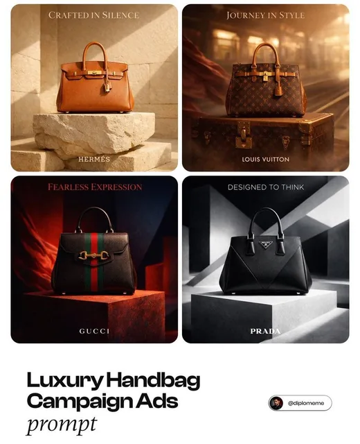 A premium tan Hermès Birkin-style handbag with subtle grain texture and gold hardware rests on a sculptural stone pedestal in a sunlit minimalist space with warm beige tones and sandstone textures, featuring integrated luxury typography.