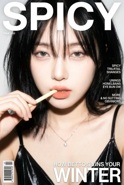 An extreme close-up editorial fashion cover portrait of a young woman with deep black wispy bangs, holding a long pale snack stick to her slightly parted lips. She has a soft, piercing gaze and wears a black glossy camisole. The image features magazine typography including the masthead 'SPICY' and a