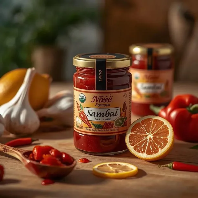 Ultra-realistic close-up photography of a glossy glass jar filled with rich dark red Nasi Lemak sambal, sealed with a metallic gold lid, placed on a wooden kitchen countertop surrounded by fresh garlic bulbs, red chili peppers, citrus slices, and a wooden spoon filled with sambal in the foreground,