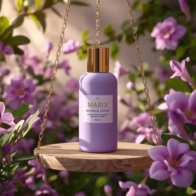 Ultra-realistic high-end commercial beauty product photography of a matte lavender-purple cosmetic bottle with a gold cap, labeled 'Marix Botanical Lotion', suspended by elegant gold chains on a wooden circular platform within a lush floral garden with soft diffused lighting.