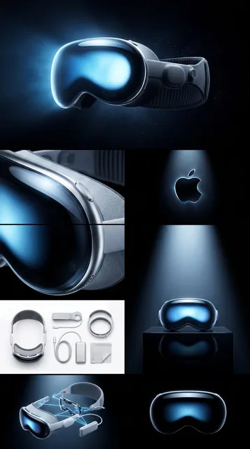 A professional 8K cinematic product editorial of the Apple Vision Pro spatial computer headset, featuring seven seamless panels including a hero shot, macro details, logo close-up, scale shot, knolling layout, exploded view, and silhouette form, all rendered with ice-blue volumetric light, mirror-po