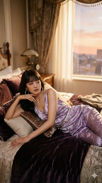 A series of three high-fidelity cinematic portraits of (G)I-DLE members Miyeon, Minnie, and Yuqi, each reclining elegantly on a plush hotel bed in luxurious silk floral jumpsuits, bathed in warm golden hour light from a large window.