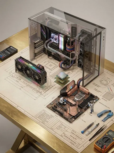 A photorealistic miniature AI GPU cluster self-assembling from a detailed technical blueprint on a polished brass drafting table, featuring GPU modules, cooling systems, and tiny engineers, with cinematic lighting and ultra-detailed textures.