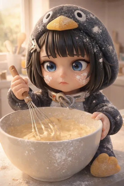 A chibi-style girl in a penguin hoodie costume is depicted in three scenes: whisking batter in a kitchen, having her cheeks squished, and eating chocolate in a supermarket cart, all rendered in ultra-detailed 3D with soft warm lighting.