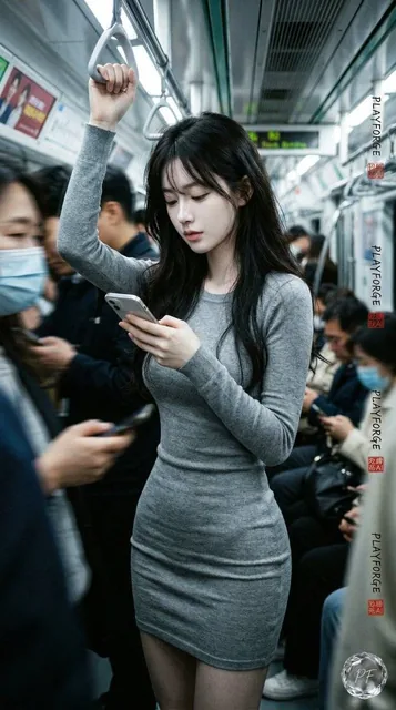 A hyper-realistic candid photograph of a 22-year-old Korean K-pop beauty with extremely fair, translucent skin and an hourglass figure, wearing a tight gray mini dress, standing in a crowded Seoul subway car during rush hour. She is holding an overhead handrail, looking at her phone, with motion blu