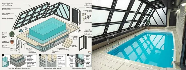 A detailed isometric exploded-view technical illustration showing a piece of furniture or object deconstructed into floating layers, with internal components like screws and wiring revealed, annotated with thin leader lines and technical labels, and featuring magnified detail boxes showing cross-sec