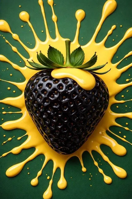 A hyperrealistic macro photograph of a glossy golden yellow strawberry with a fresh green calyx, splashed by thick bright orange and deep black liquid. The dynamic splashes form droplets and streaks against a muted olive background, captured with sharp focus and cinematic lighting.