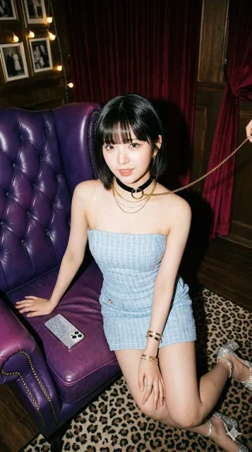 A high-angle, photorealistic glamour portrait of KPOP idol Rei from IVE, seated beside a large purple leather armchair in a dim lounge. She wears a baby-blue dress and a choker with a gold leash, looking directly at the camera with soft eyes.