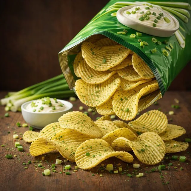Hyper-realistic 8K commercial food photography of Lay's Chili Lemon and Sour Cream & Onion ridged potato chips. Bags are tilted, spilling chips onto a dark rustic wooden table. Dramatic studio lighting highlights the crisp textures, seasoning particles, and accompanying props like lemons, chilies, s