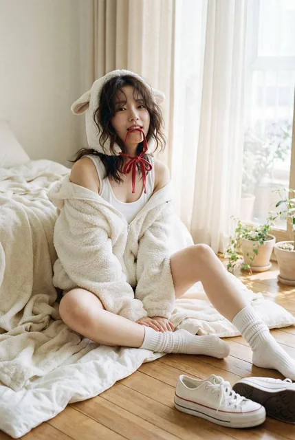 A beautiful young Korean K-pop idol, age 19-21, with a confident smirk, playfully biting a red ribbon from her sheep hoodie while lying in a cozy blanket nest, bathed in soft, warm
