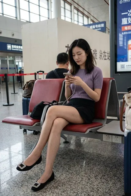 A young East Asian woman in her mid-20s sits alone on a red chair in a Chinese transit waiting area. She wears a dusty lavender knit top and a black short skirt, her legs crossed elegantly. She is quietly absorbed in her smartphone, surrounded by luggage and other passengers. The image has the candi