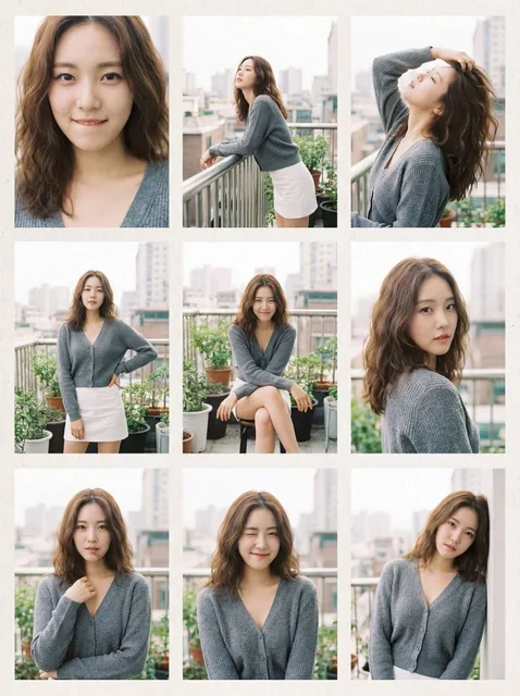 A 3x3 grid photo collage in the ethereal film style of Rinko Kawauchi, featuring a sexy Korean female K-pop idol in various alluring poses on an urban balcony, with soft diffused light, pastel tones, and visible film grain.