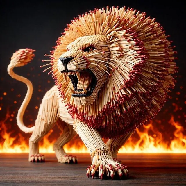 A hyperrealistic 8K render of a roaring lion sculpture made entirely of wooden matchsticks, with a dramatic fiery background, and a separate scene of two galloping horse sculptures also crafted from matchsticks, showcasing extreme detail and cinematic lighting.