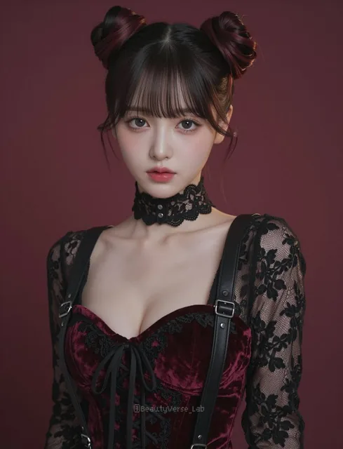 Ultra-photorealistic studio portrait of a stunning young Japanese woman with jet-black hair in space buns, wearing a black lace blouse and crimson velvet corset, against a deep burgundy gradient background with soft studio lighting.