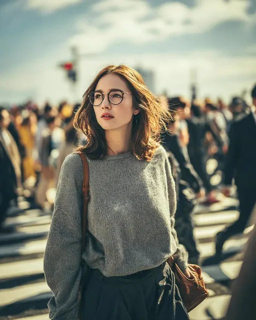 An editorial-style portrait taken from a high angle, showing a young fashionable woman with smooth brown hair, round glasses, and baggy clothes walking on a busy crosswalk filled with people. The image features realistic skin texture, fabric details, and hair, captured with a Canon EOS 5D camera, 50