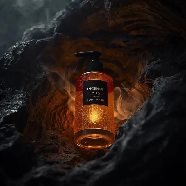 An ultra-realistic premium product shot of an amber glass body wash bottle with black pump dispenser, nestled in dark textured driftwood. Soft white incense smoke flows through wooden crevices while warm internal light illuminates the translucent liquid. Dramatic low-key lighting creates contrast be