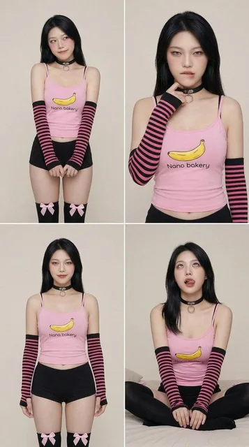 A 2x2 collage featuring the same character in the same outfit, with four distinct poses and facial expressions: shy, seductive lip bite, confident, and longing with tongue out.