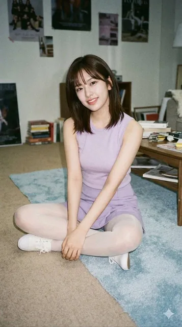 A beautiful young Korean woman, Jang Wonyoung of IVE, with long dark hair and a slim hourglass figure, confidently posing in a pink sleeveless top and mini skirt on a light blue rug indoors, captured with an early 2000s digital camera aesthetic and slightly washed-out lighting.