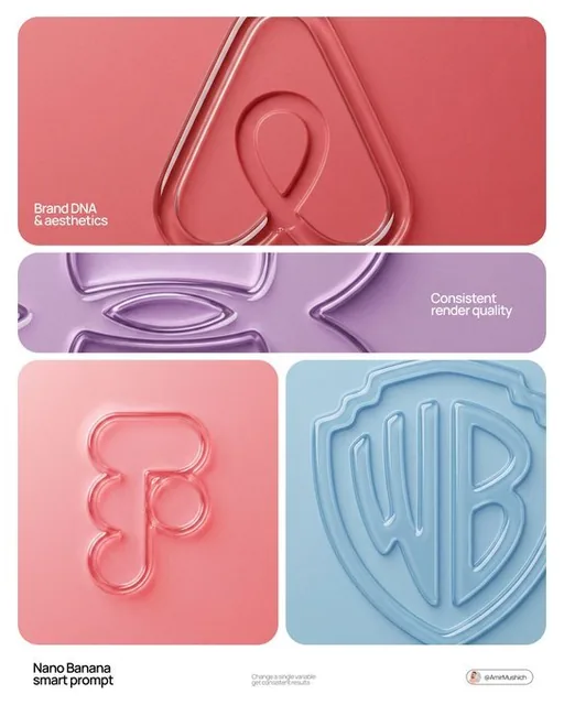 A minimalist 3D render of a center-aligned brand logo with a glossy, embossed contour. The object features a smooth, liquid-like glass bezel on a flat matte surface, set against ample negative space with soft tonal gradients and diffuse lighting.