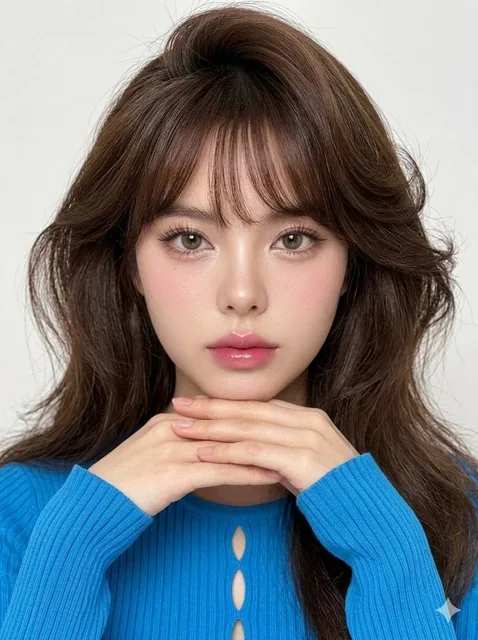 A hyper-realistic close-up portrait taken on an iPhone 15 Pro, featuring a subject with long voluminous hair and Douyin makeup, wearing a vibrant blue ribbed top with hands clasped under the chin, rendered in sharp 10K Ultra HD detail with bright HDR lighting.