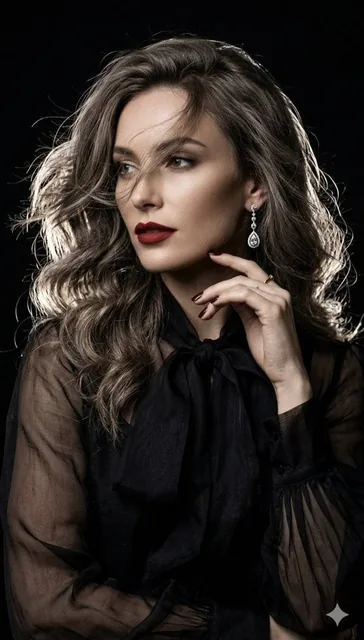 A cinematic high-fashion portrait of a sophisticated woman with voluminous ash-brown hair, wearing a sheer black blouse with a pussy-bow tie. She has bold red lipstick and an enigmatic expression, with strong rim lighting against a dark background.