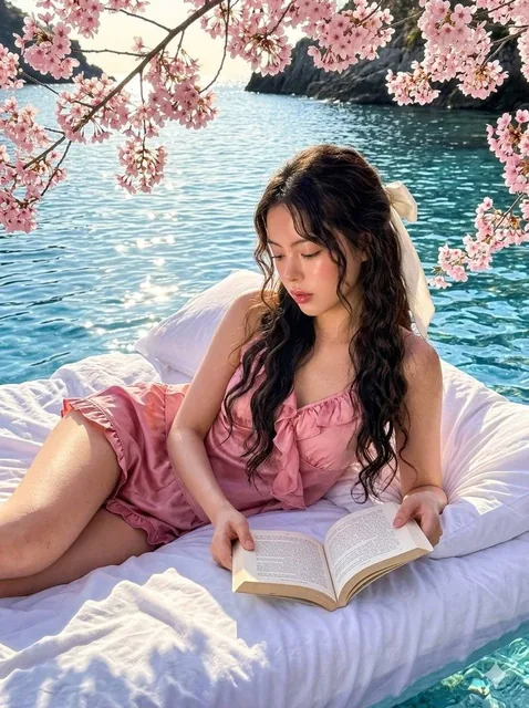 A young woman with long dark wavy hair tied with a white ribbon reclines on a mattress floating on shimmering blue water, reading a book while wearing pink ruffled silk loungewear under overhanging pink cherry blossoms, captured in ultra-sharp iPhone 15 Pro photography with HDR lighting.
