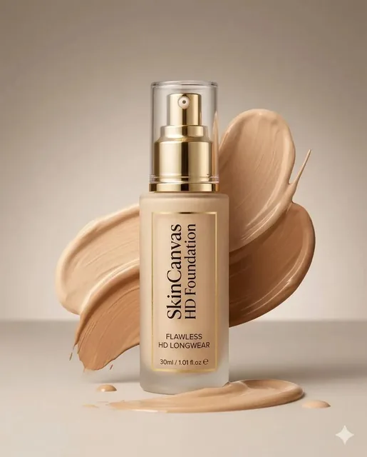 A luxury frosted glass foundation bottle with a gold pump dispenser sits on a soft beige background, labeled 'SkinCanvas HD Foundation'. Artistic swirls of warm nude liquid foundation surround it, captured with soft studio lighting, glossy textures, and a shallow depth of field in a high-end commerc