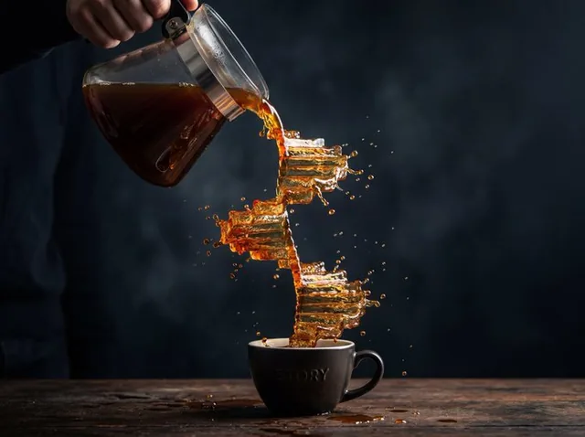 A hyper-realistic macro photograph of liquid pouring from a vessel, frozen mid-stream and forming a perfect geometric shape. Each element of the liquid is sharply defined with visible surface tension and droplets at the edges, dramatically lit against a dark background.