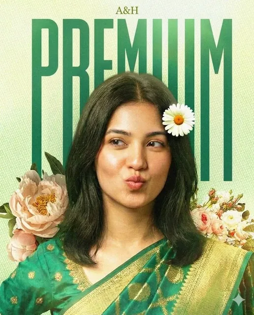 A vintage-style green textured paper poster featuring a woman in a green patterned saree with gold zari work. Large bold green text 'PREMIUM' runs vertically behind her, with smaller 'A&H' text above her head. She has a bob hairstyle, a daisy behind her ear, and is playfully pouting, surrounded by p