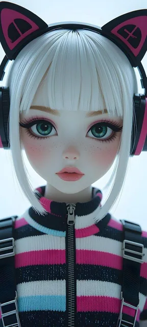 A hyper-realistic 3D anime girl portrait with a futuristic kawaii aesthetic, featuring pale skin with soft freckles, large glossy teal-green eyes, and a short white bob haircut. She wears black and pink cat-ear headphones and a striped high-neck sweater, rendered with cinematic lighting and depth of