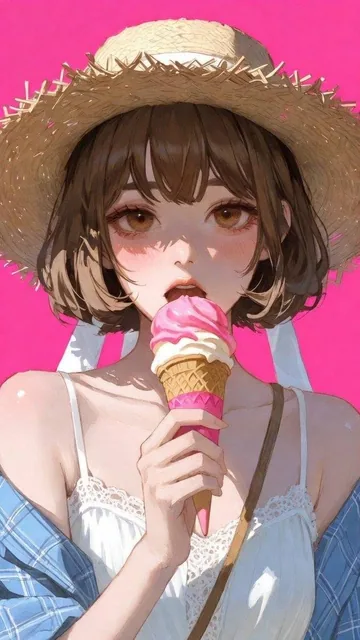A young woman with a short brown bob and wispy bangs is playfully eating a pink and white ice cream cone. She has large warm brown eyes with detailed lashes and heavy blush, wearing a white lace sundress with a blue plaid shirt tied over her shoulders, a large frayed straw hat, and a woven bag. The